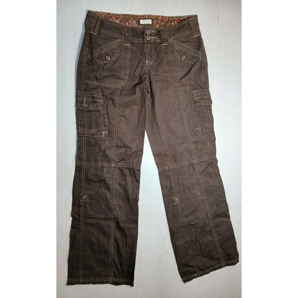 Maurices Cargo Pants 5/6 Brown Hiking Flap Pockets Roll Up Capri Summer *Stain